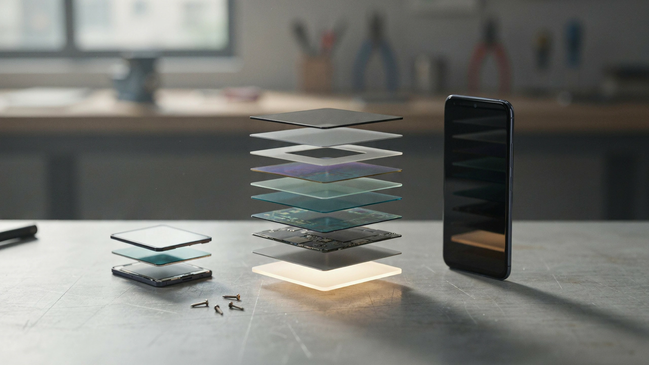 Exploded phone display showing glass LCD digitizer and front sensor layers