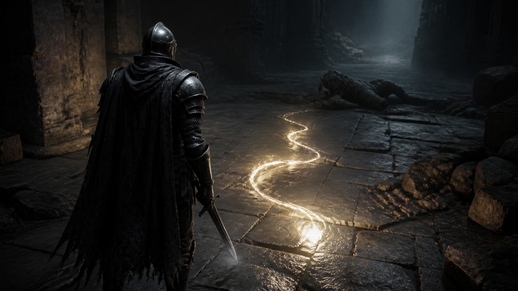 Glowing message and bloodstain providing indirect clues in a dark fantasy game