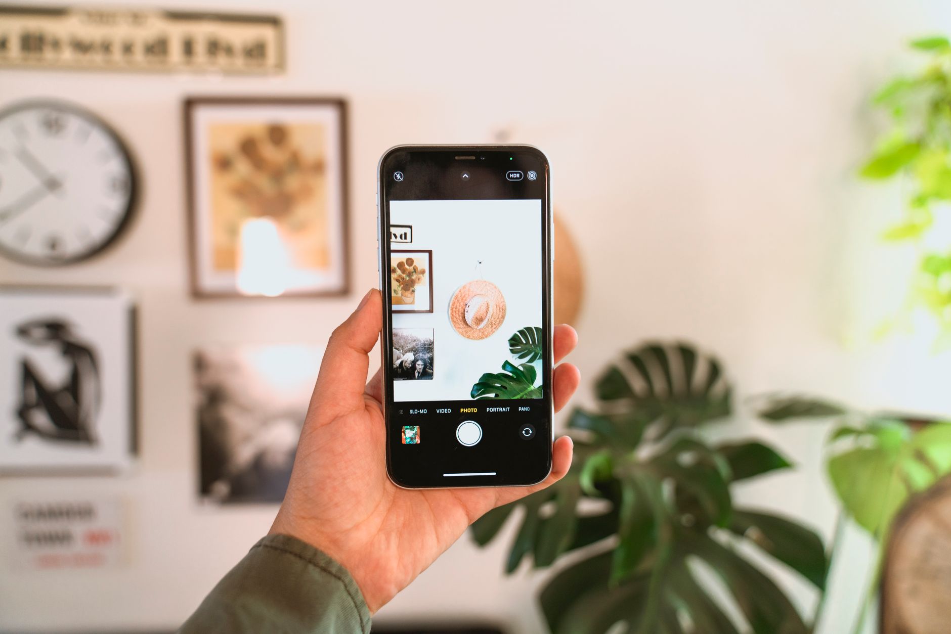 Hand holding a smartphone taking a photo of home decor with green plants and paintings in view.